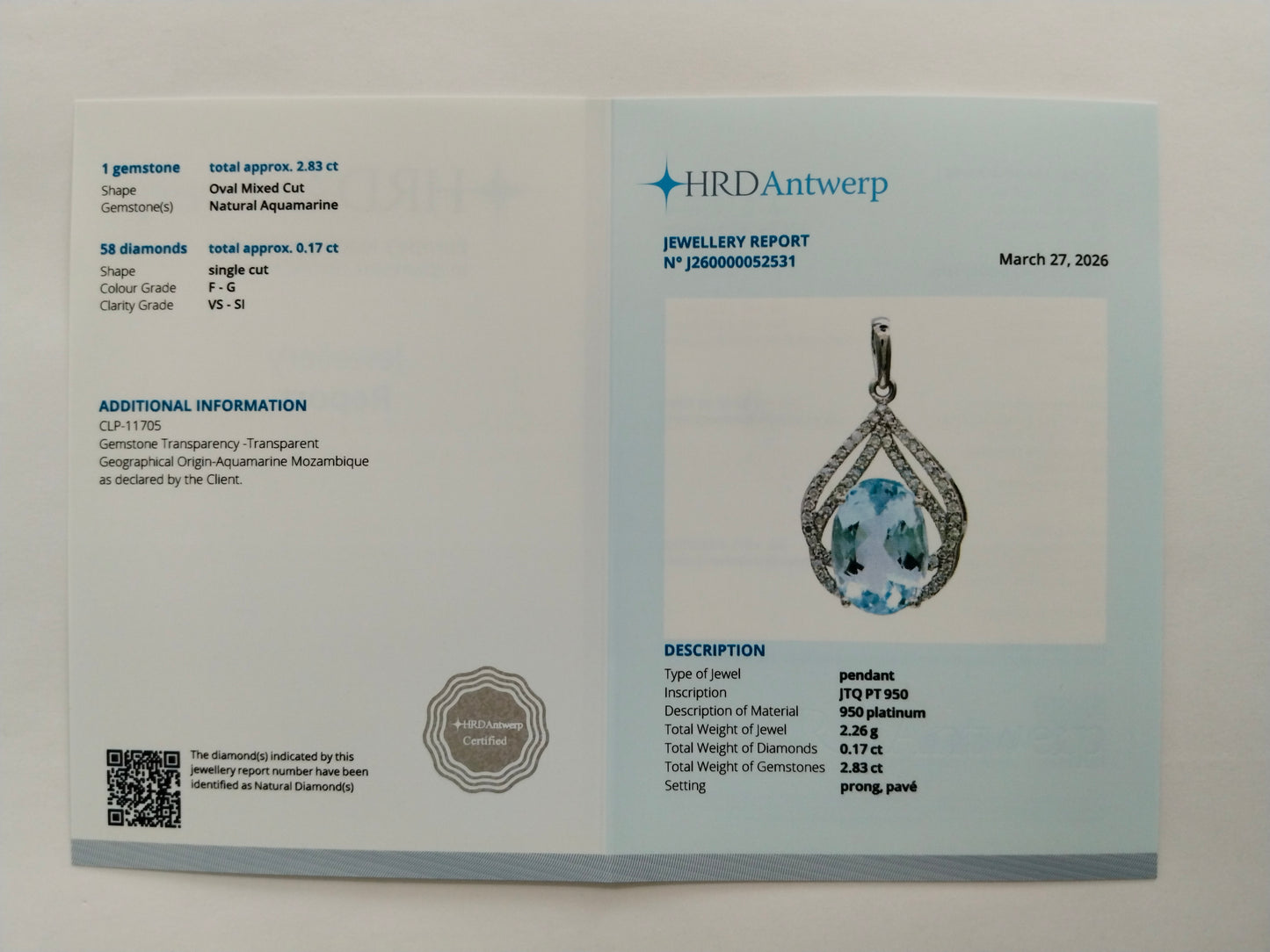 3.00 Ct Oval Mixed Cut Natural Aquamarine 950 Platinum Pendant