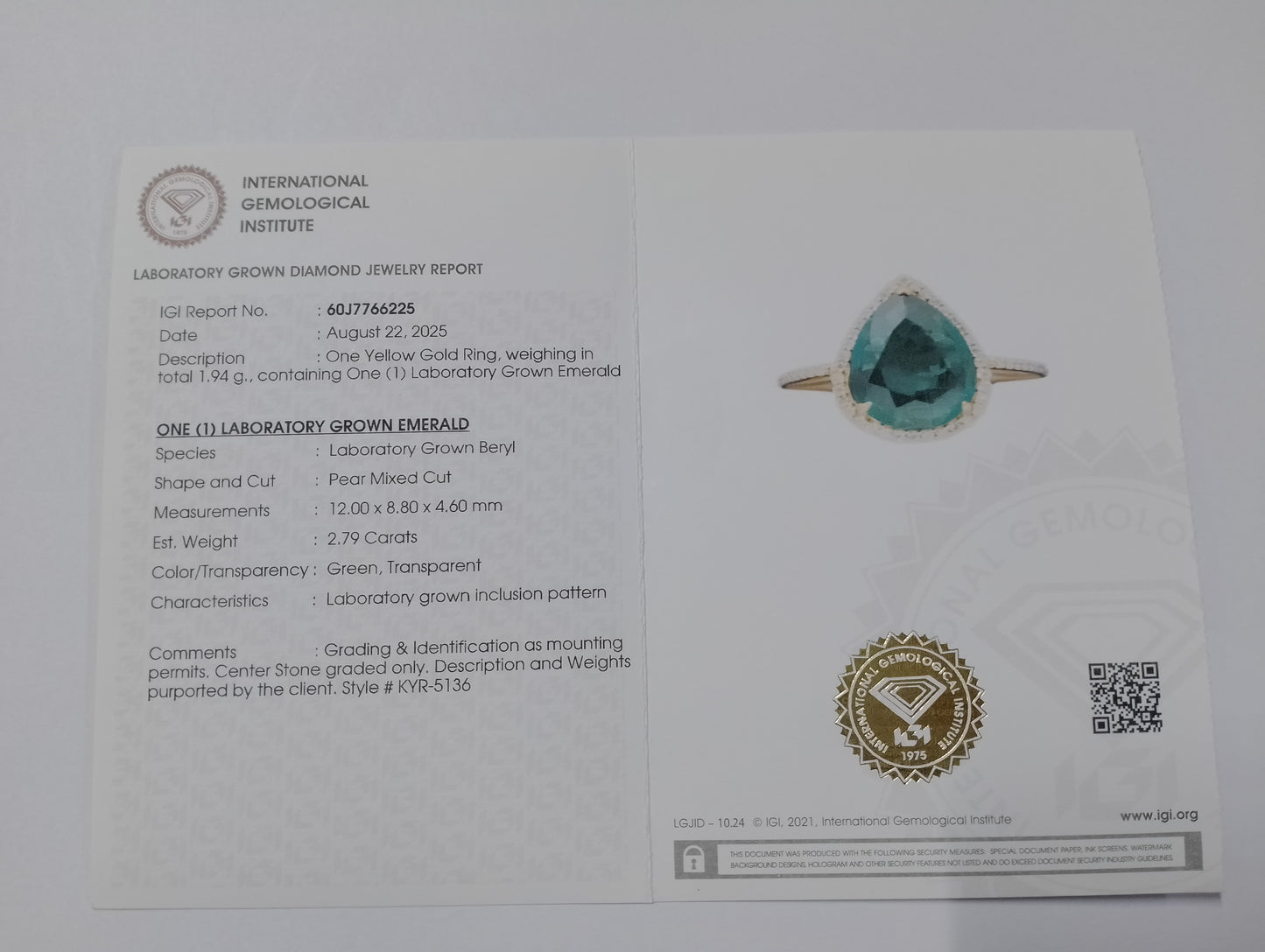 2.99 Ct Pear Mixed Cut Lab Grown Emerald 14K Gold Ring