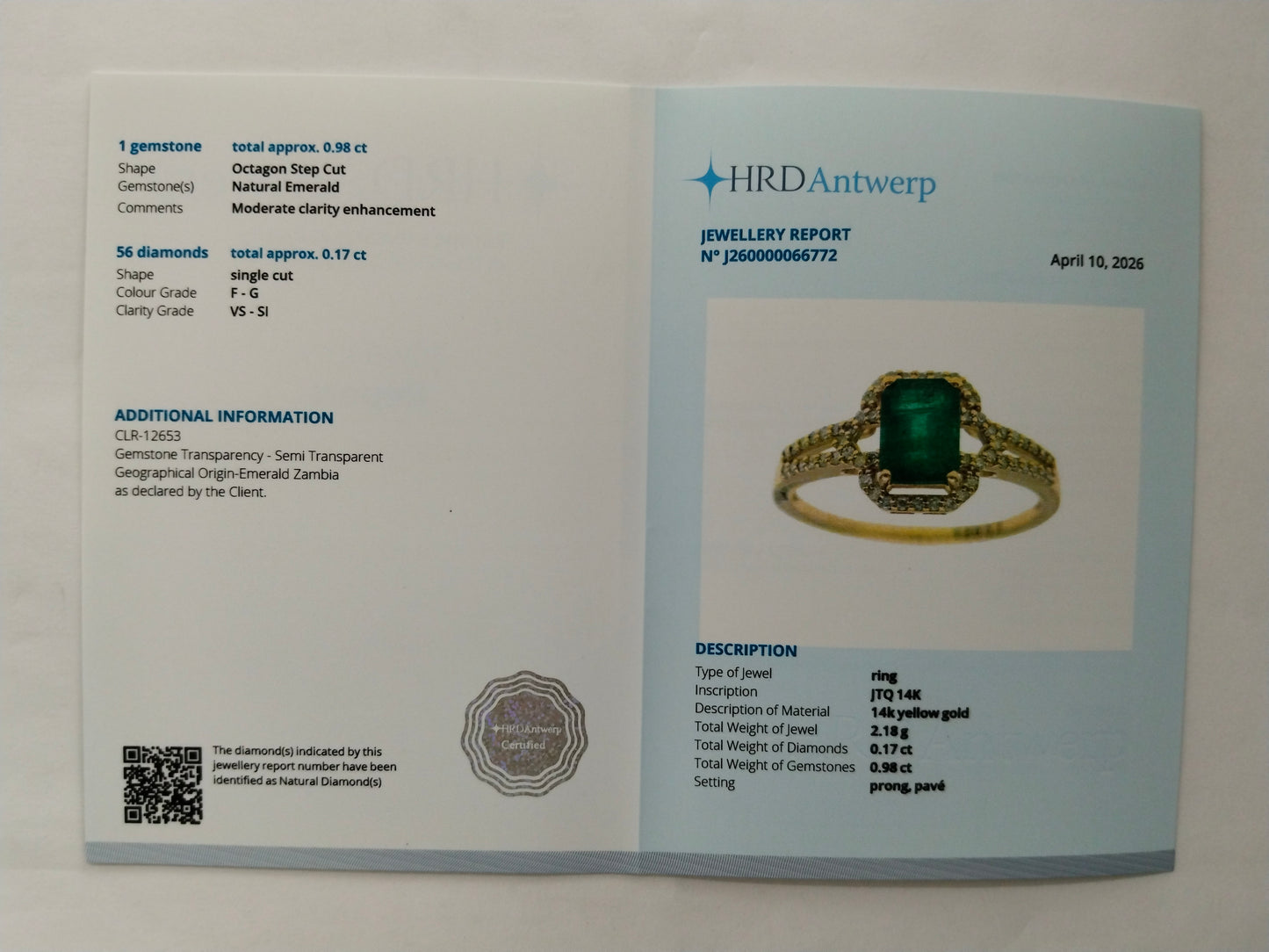 1.15 Ct Octagon Step Cut Natural Emerald 14K Gold Ring