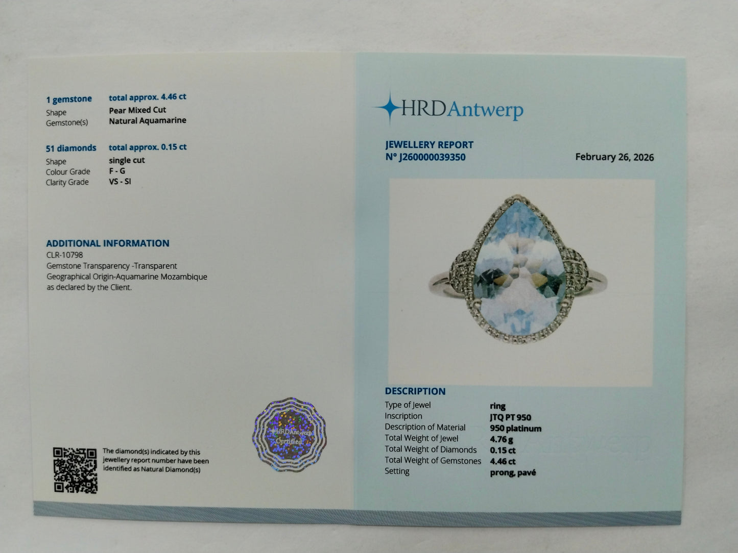 4.61 Ct Pear Mixed Cut Natural Aquamarine 950 Platinum Ring