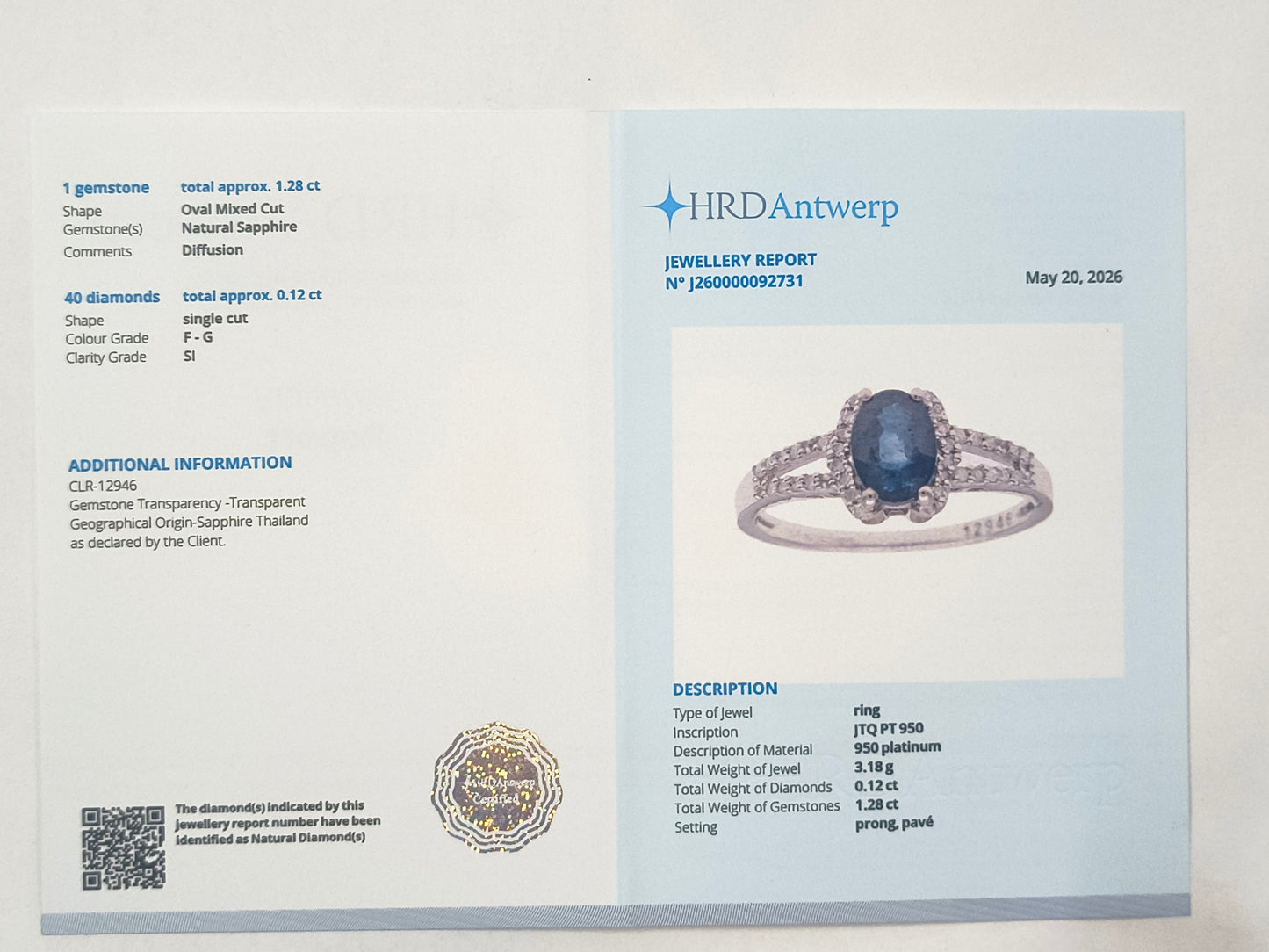 1.40 Ct Oval Sapphire 950 Platinum Ring