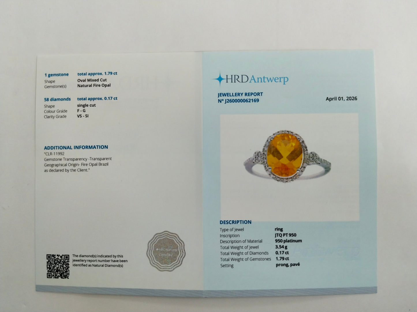 1.96 Ct Oval Mixed Cut Natural Fire Opal 950 Platinum Ring