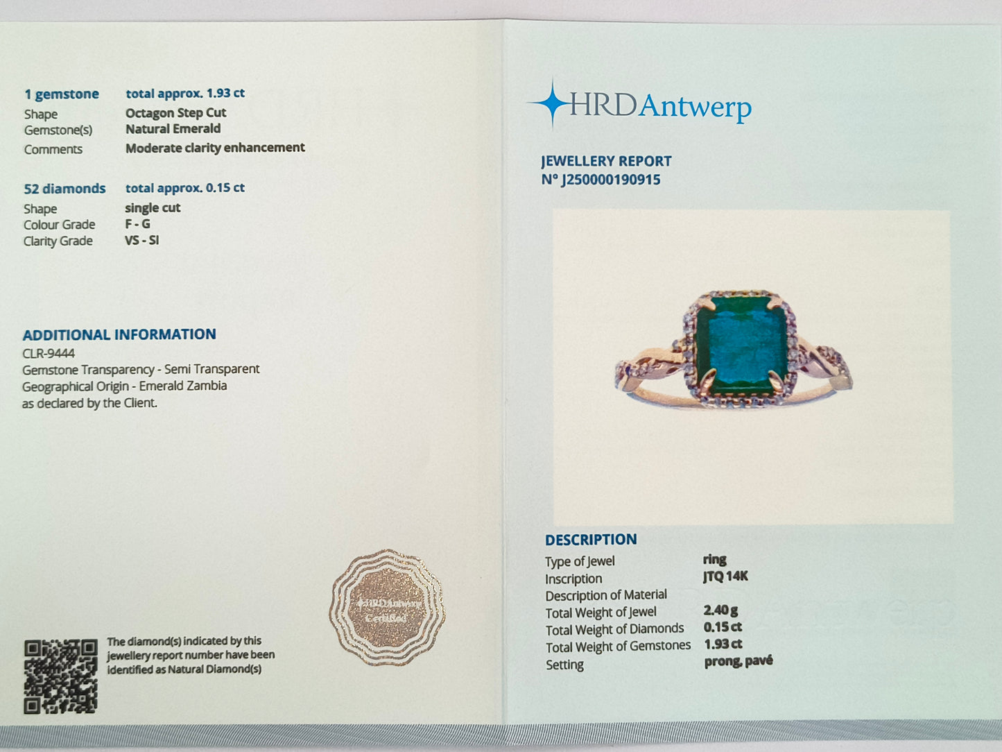 2.08 Ct Octagon Step Cut Natural Emerald 14K Gold Ring