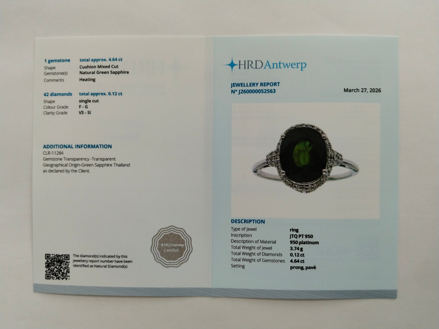 4.76 Ct Cushion Mixed Cut Natural Green Sapphire 950 Platinum Ring