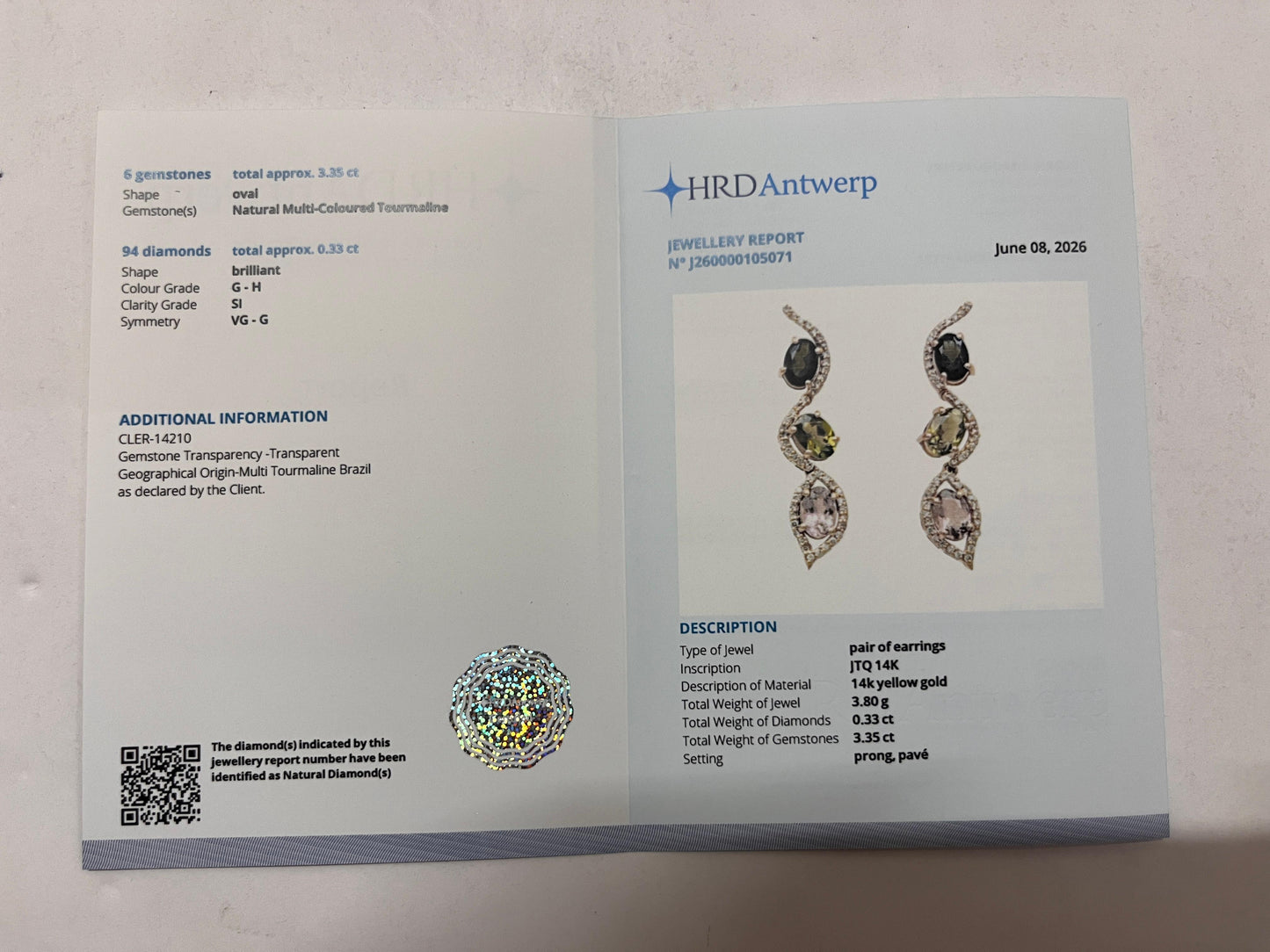 3.68 Ct Oval Mixed Cut Natural Multi-Coloured Tourmaline 14K Gold Earrings