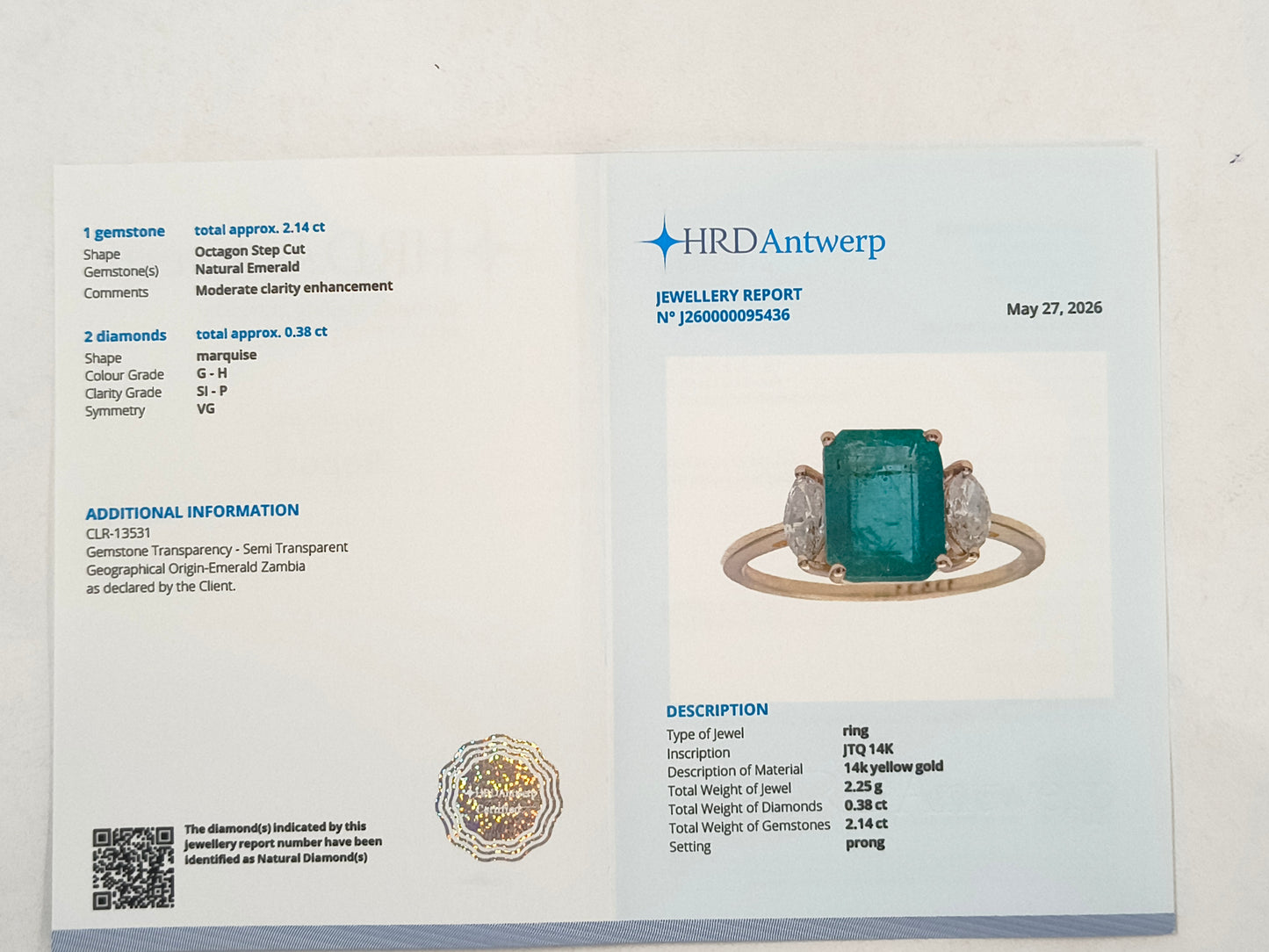 2.52 Ct Octagon Step Cut Natural Emerald 14K Gold Ring