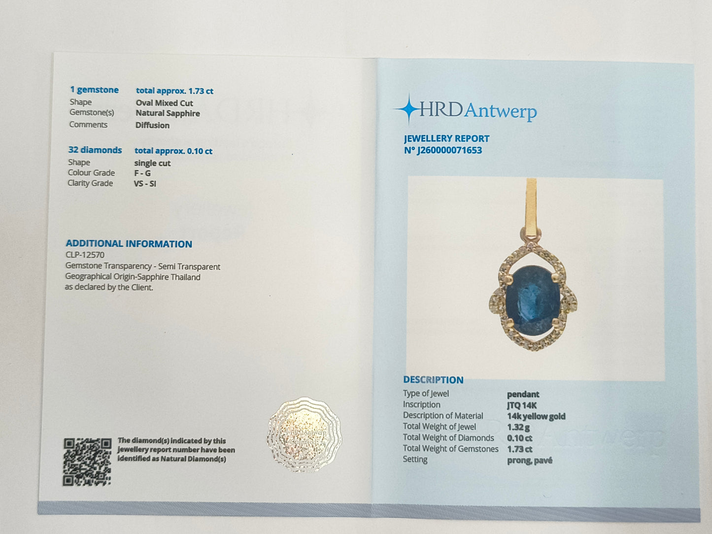 1.83 Ct Oval Mixed Cut Natural Sapphire 14K Gold Pendant