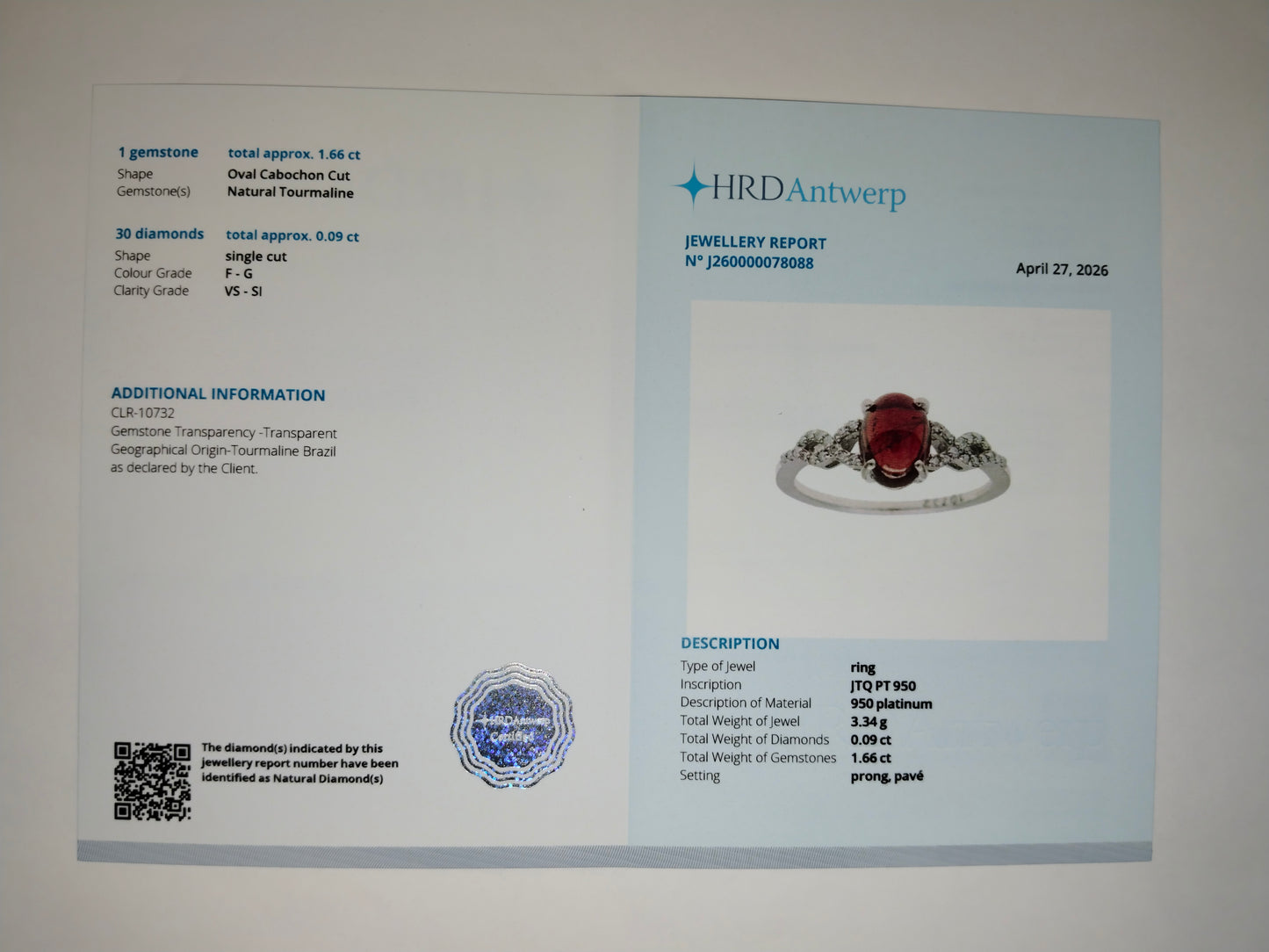 1.75 Ct Oval Cabochon Cut Natural Tourmaline 950 Platinum Ring