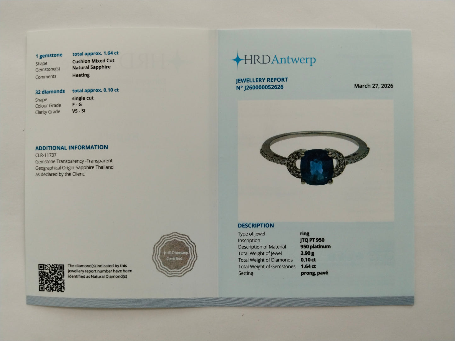 1.74 Ct Cushion Mixed Cut Natural Sapphire 950 Platinum Ring