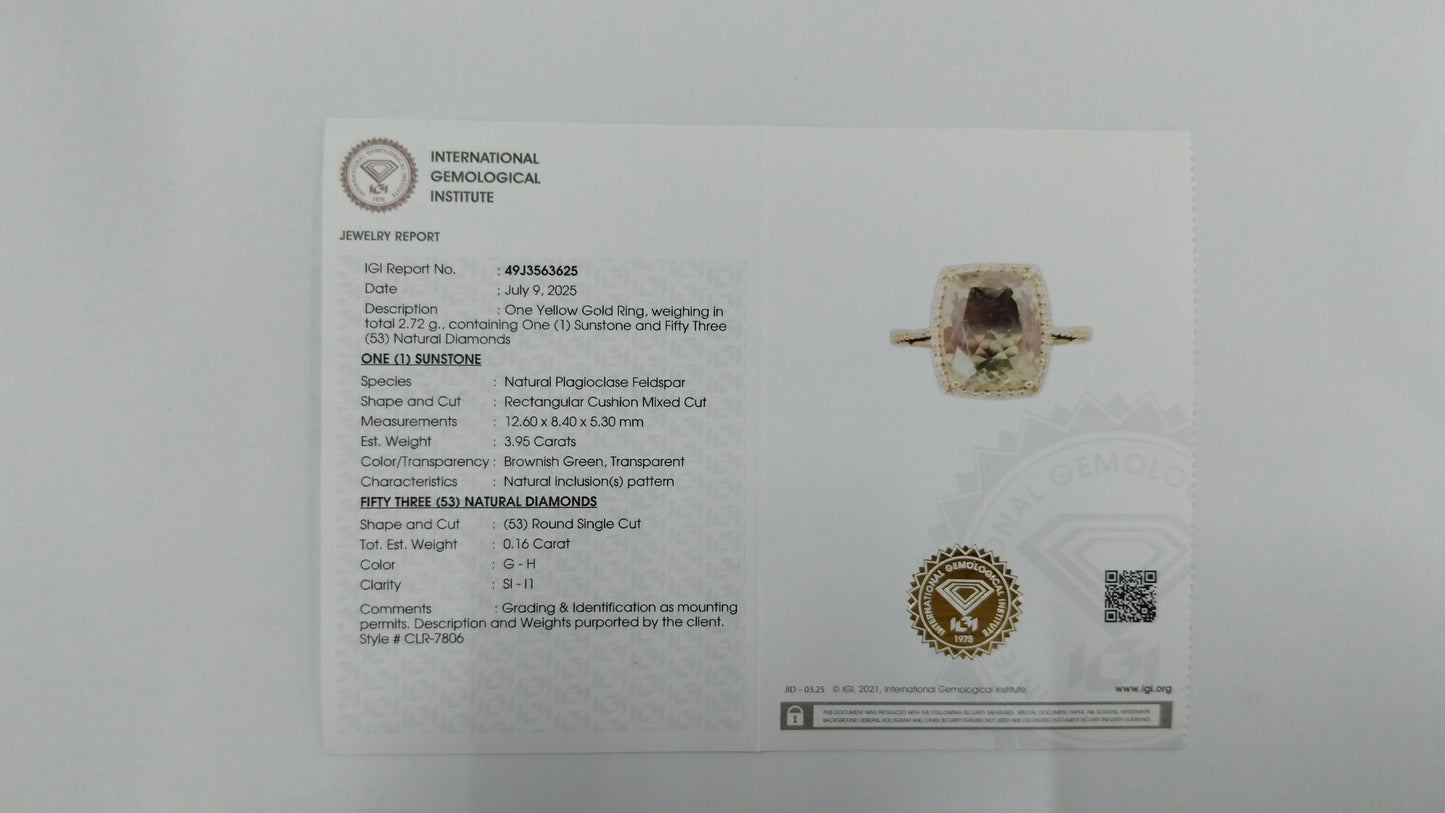 4.11 Ct Rectangular Cushion Mixed Cut Natural Plagioclase Feldspar Sunstone 14K Gold Ring