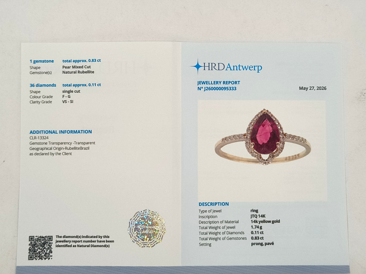 0.94 Ct Pear Mixed Cut Natural Rubellite 14K Gold Ring