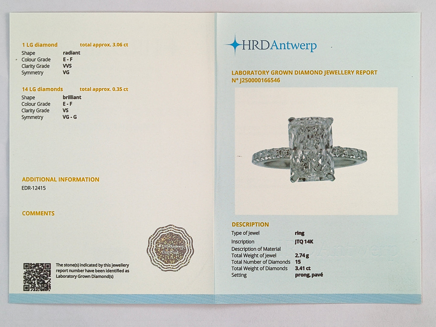3.41 Carats Lab Grown Diamond 14K Gold Ring