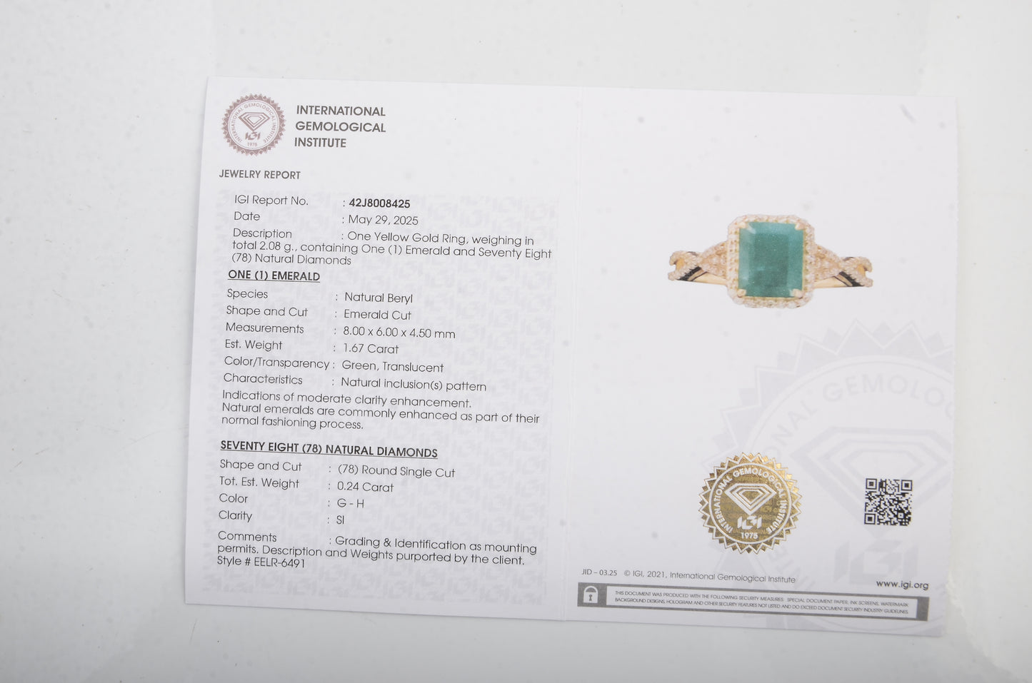 1.91 Ct Emerald Cut Natural Beryl Emerald 14K Gold Ring