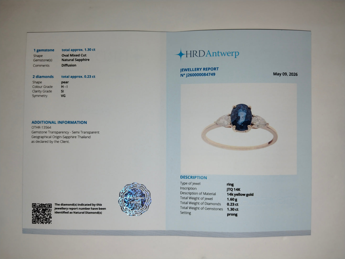 1.29 Ct Oval Mixed Cut Natural Sapphire 14K Gold Ring