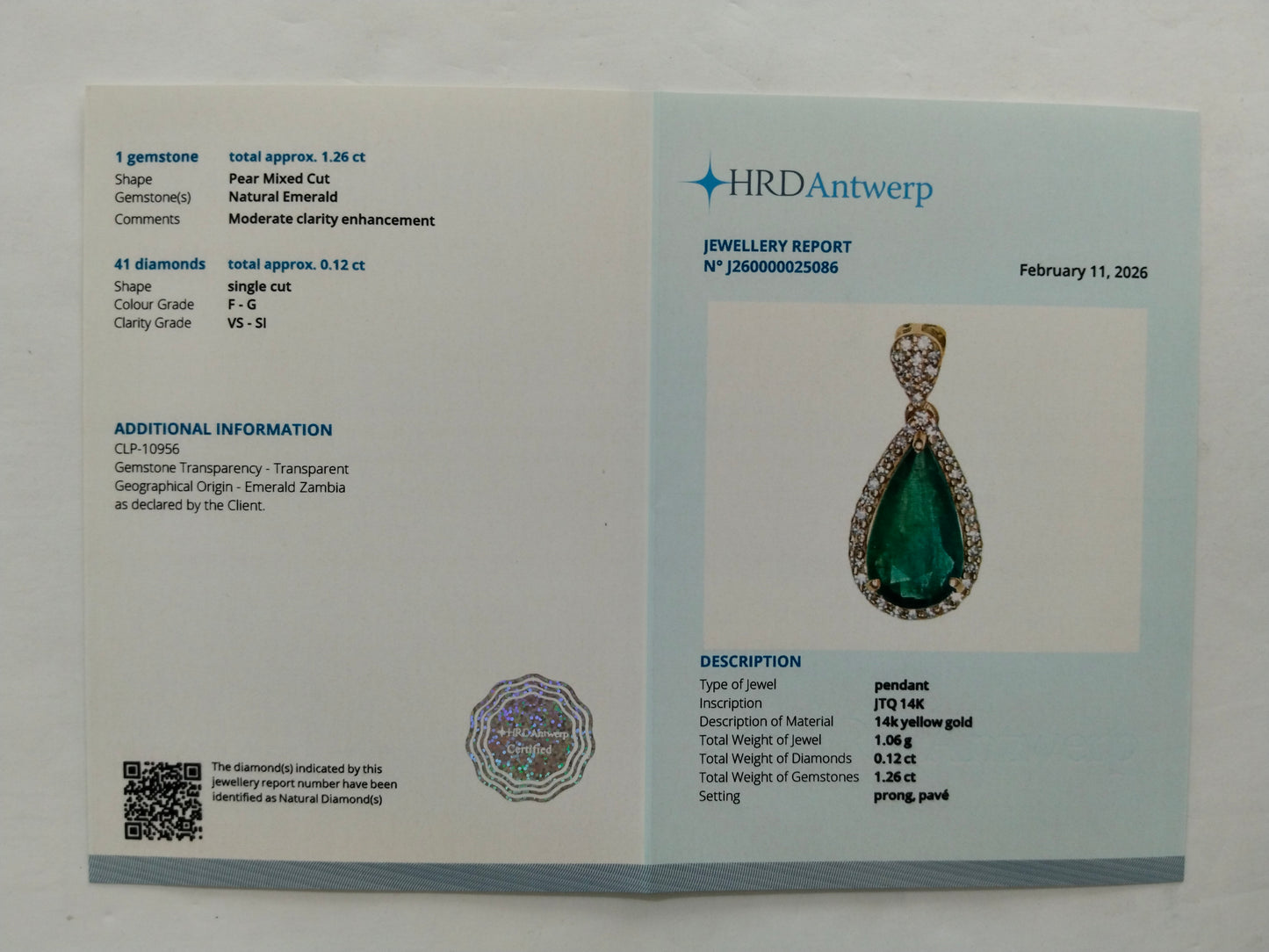 1.38 Ct Pear Mixed Cut Natural Emerald 14K Gold Pendant