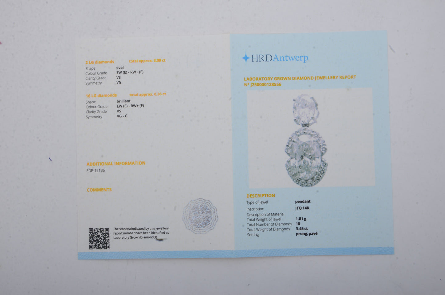 3.45 Carats Lab Grown Diamond 14K Gold Pendant