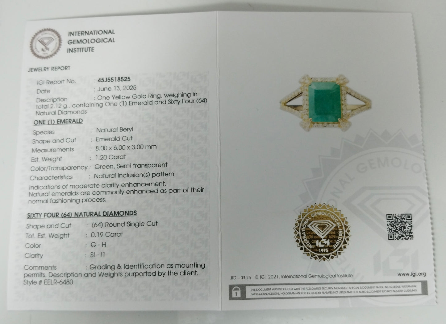 1.39 Ct Emerald Cut Natural Beryl Emerald 14K Gold Ring