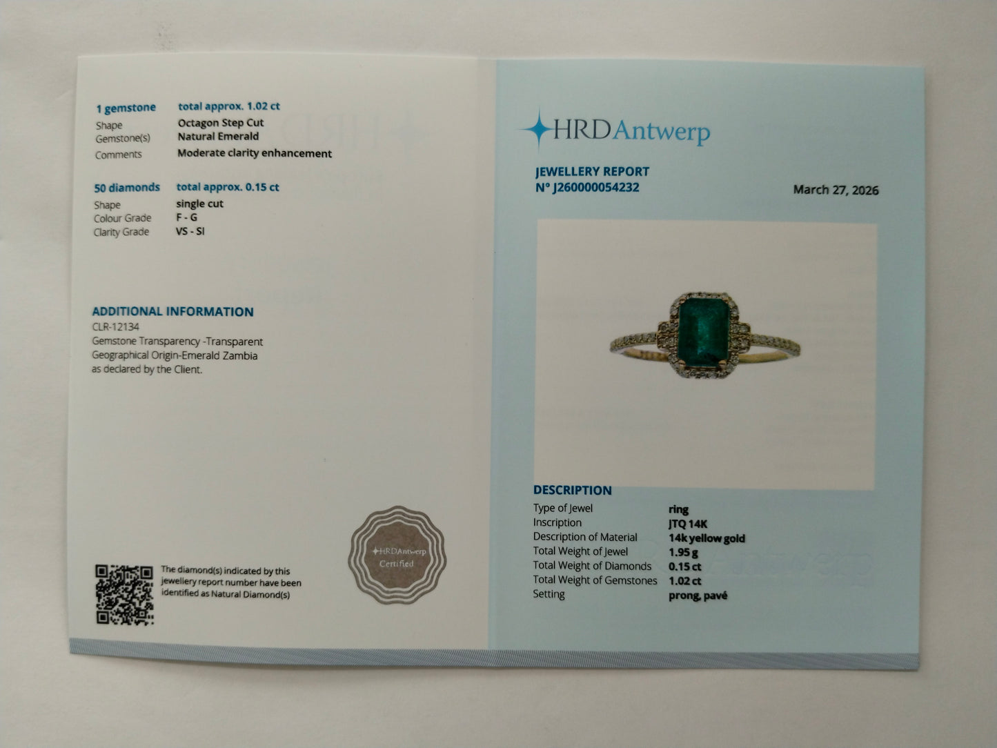 1.17 Ct Octagon Step Cut Natural Emerald 14K Gold Ring
