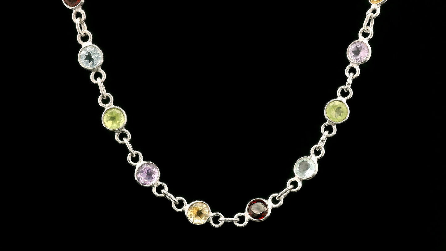 23.73 Ct Round Garnet, Peridot, Blue Topaz, Citrine, Amethyst 925 Sterling Silver Necklace
