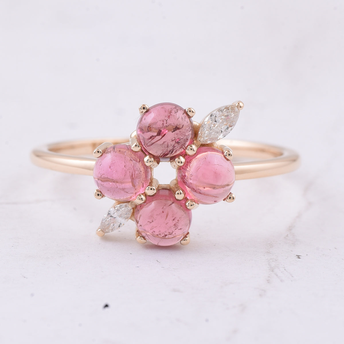 1.52 Ct Round Cabochon Cut Natural Pink Tourmaline 14K Gold Ring