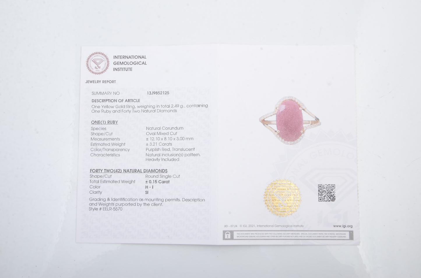 3.36 Carats Natural Corundum Ruby 14K Gold Ring