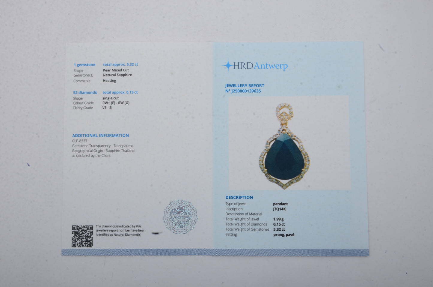 5.47 Ct Pear Mixed Cut Natural Sapphire 14K Gold Pendant