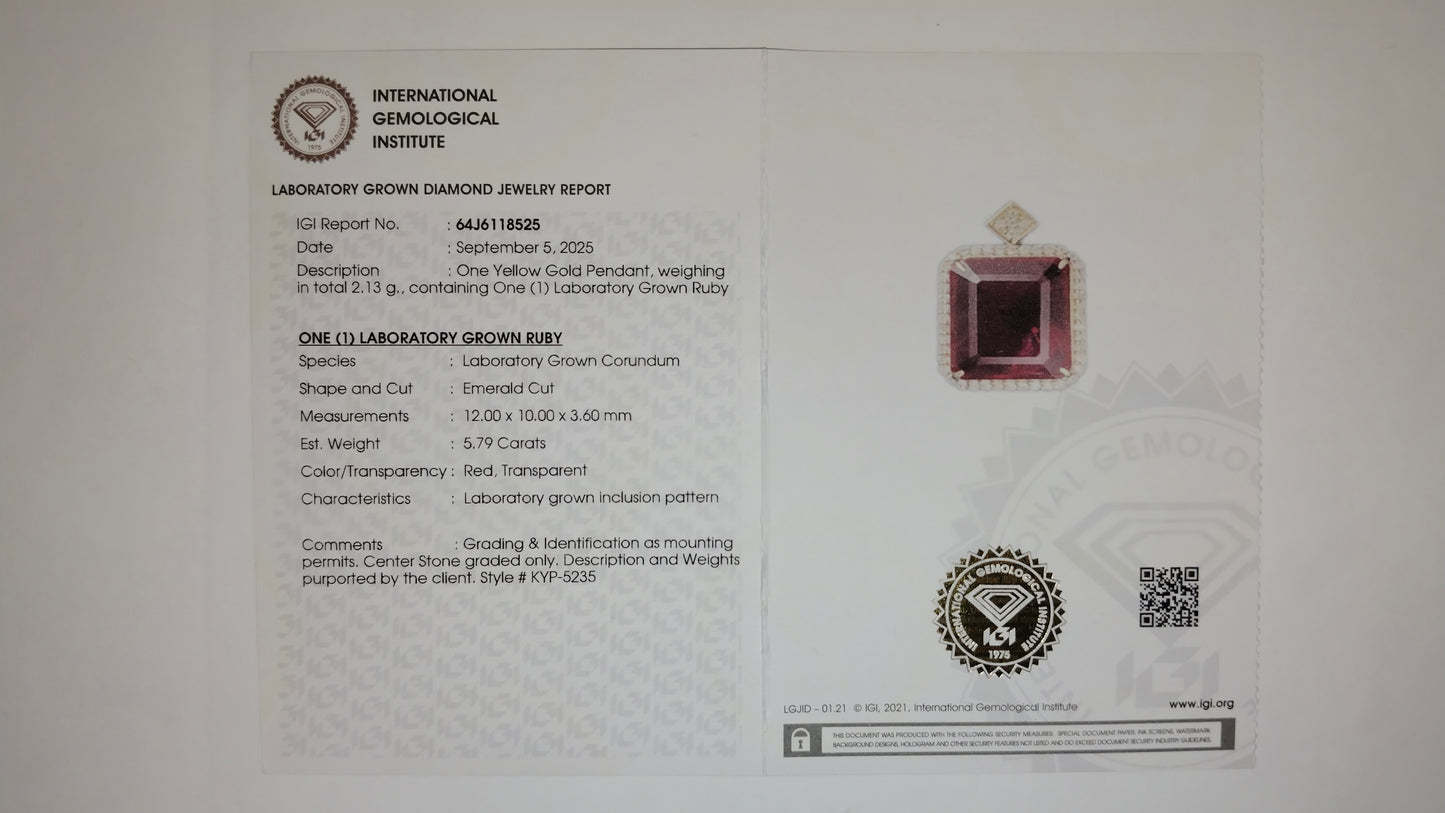 5.95 Ct Emerald Cut Lab Grown Ruby 14K Gold Pendant