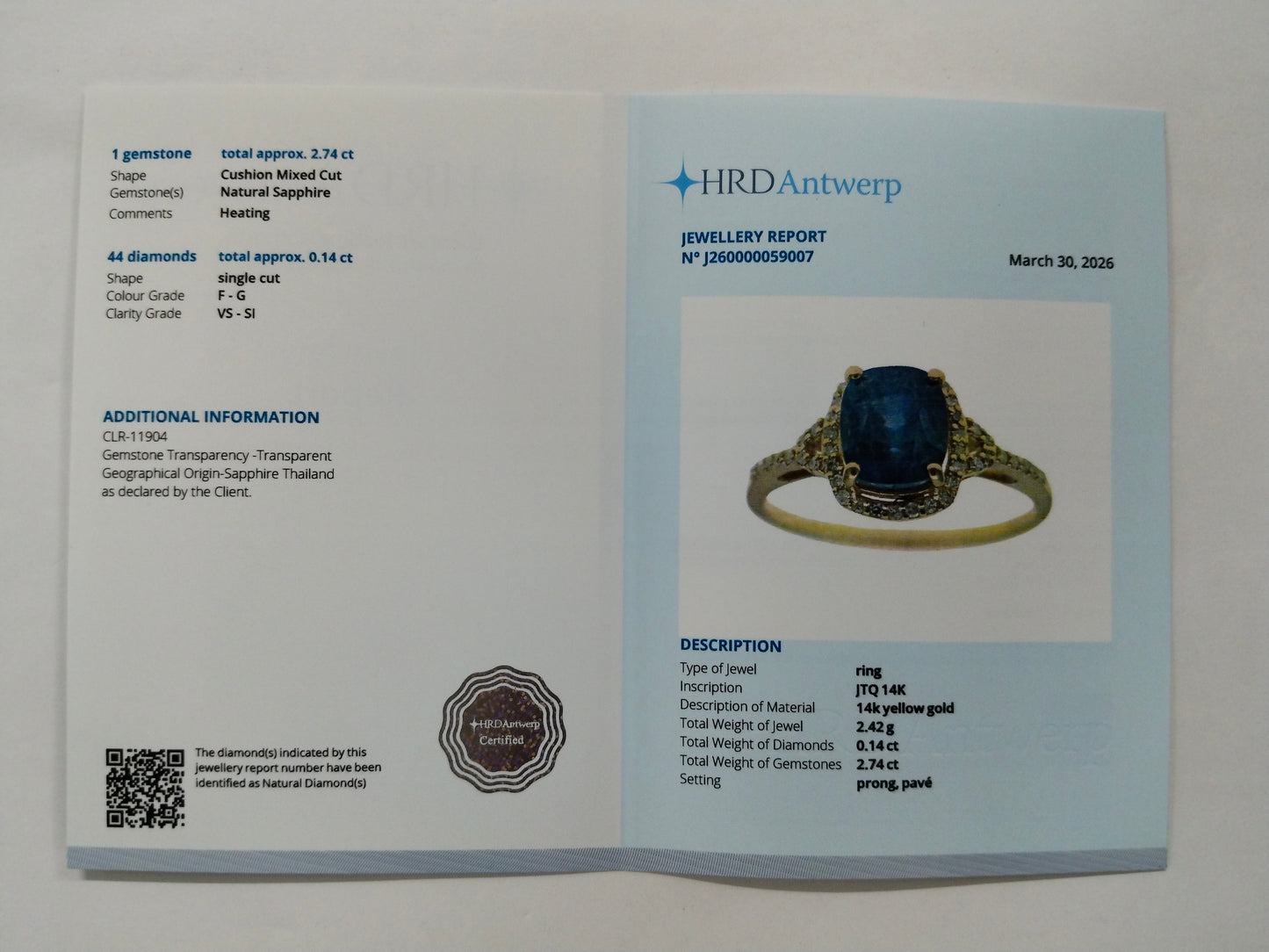 2.88 Ct Cushion Mixed Cut Natural Sapphire 14K Gold Ring