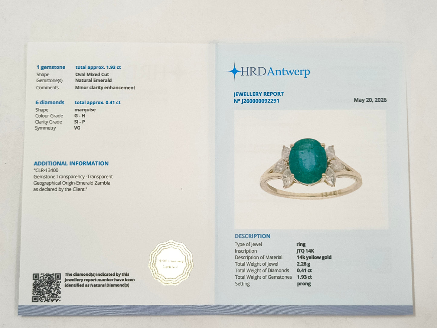 2.34 Ct Oval Emerald 14K Gold Ring