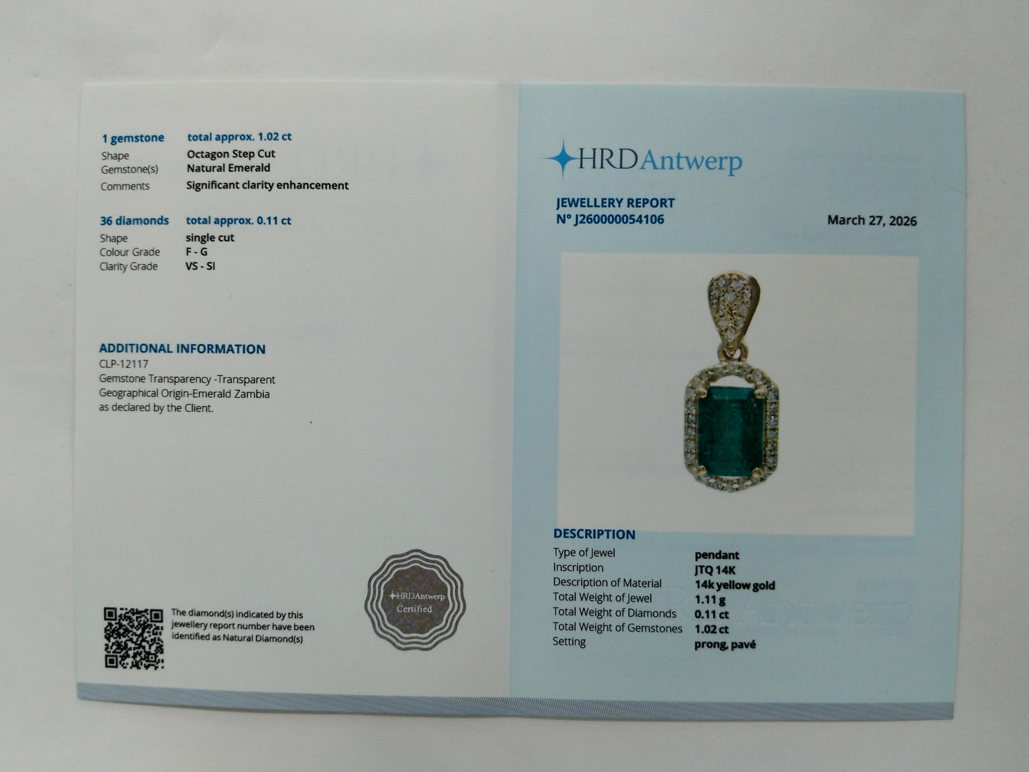 1.13 Ct Octagon Step Cut Natural Emerald 14K Gold Pendant