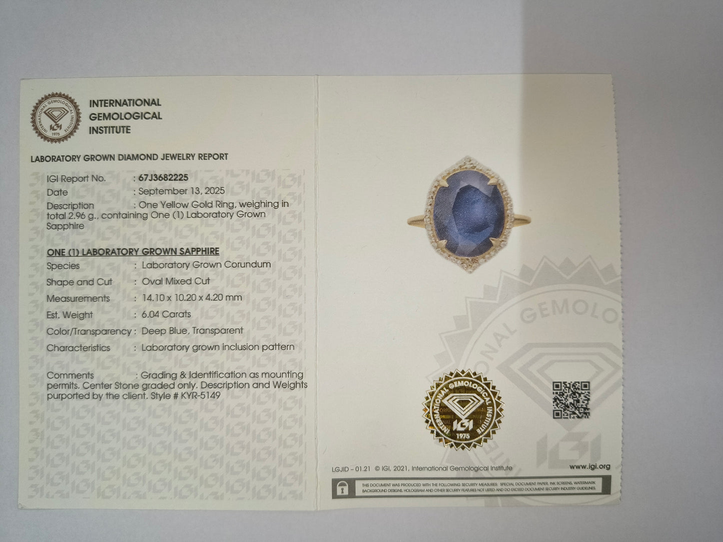 6.18 Ct Oval Mixed Cut Lab Grown Sapphire 14K Gold Ring