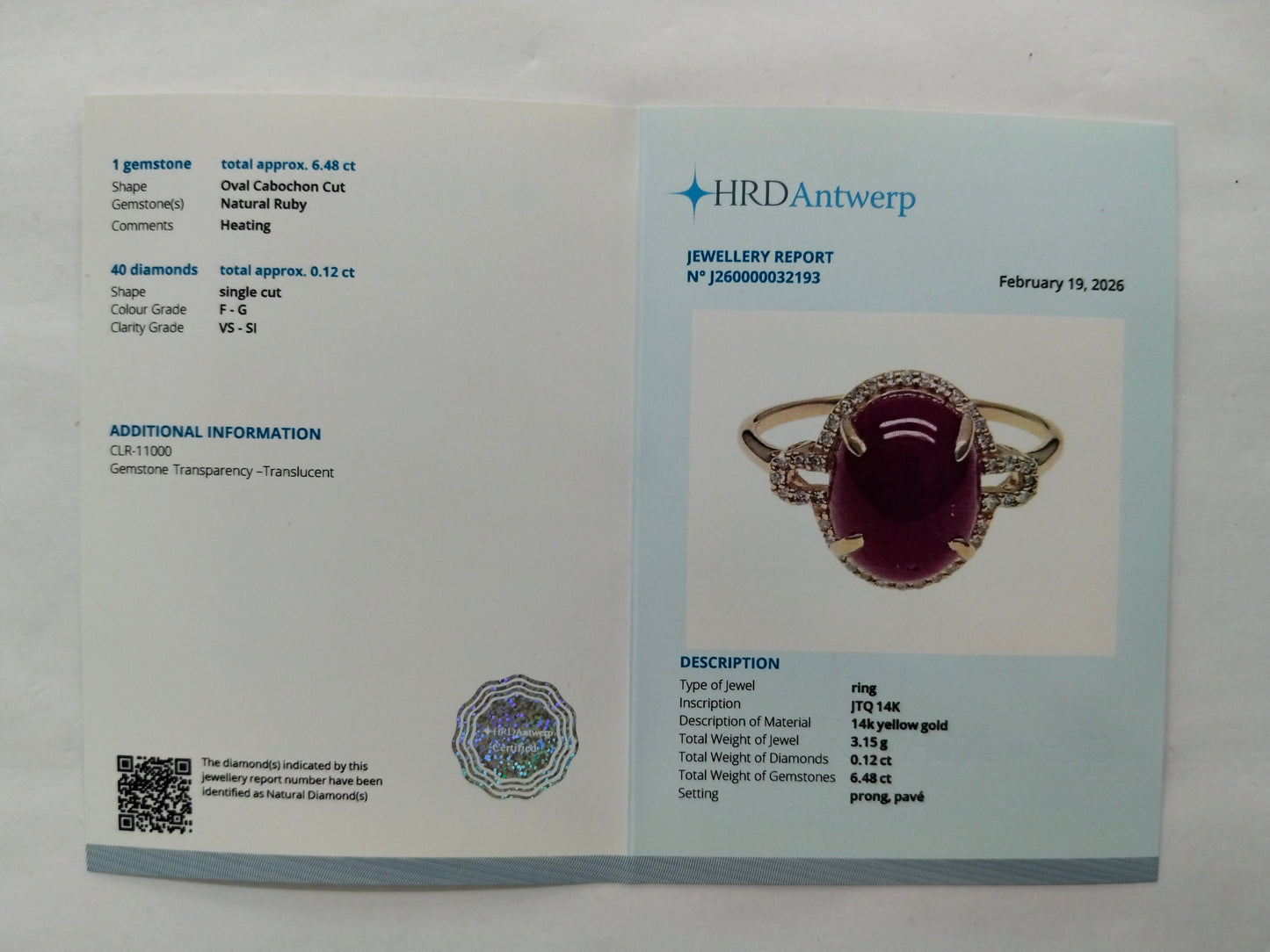 6.60 Ct Oval Cabochon Cut Natural Ruby 14K Gold Ring