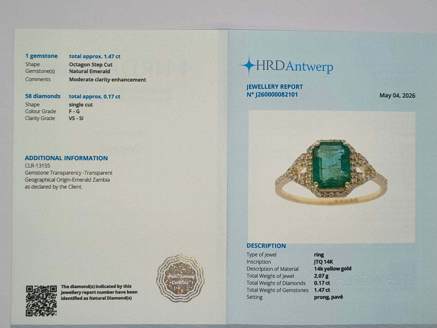 1.64 Ct Octagon Step Cut Natural Emerald 14K Gold Ring