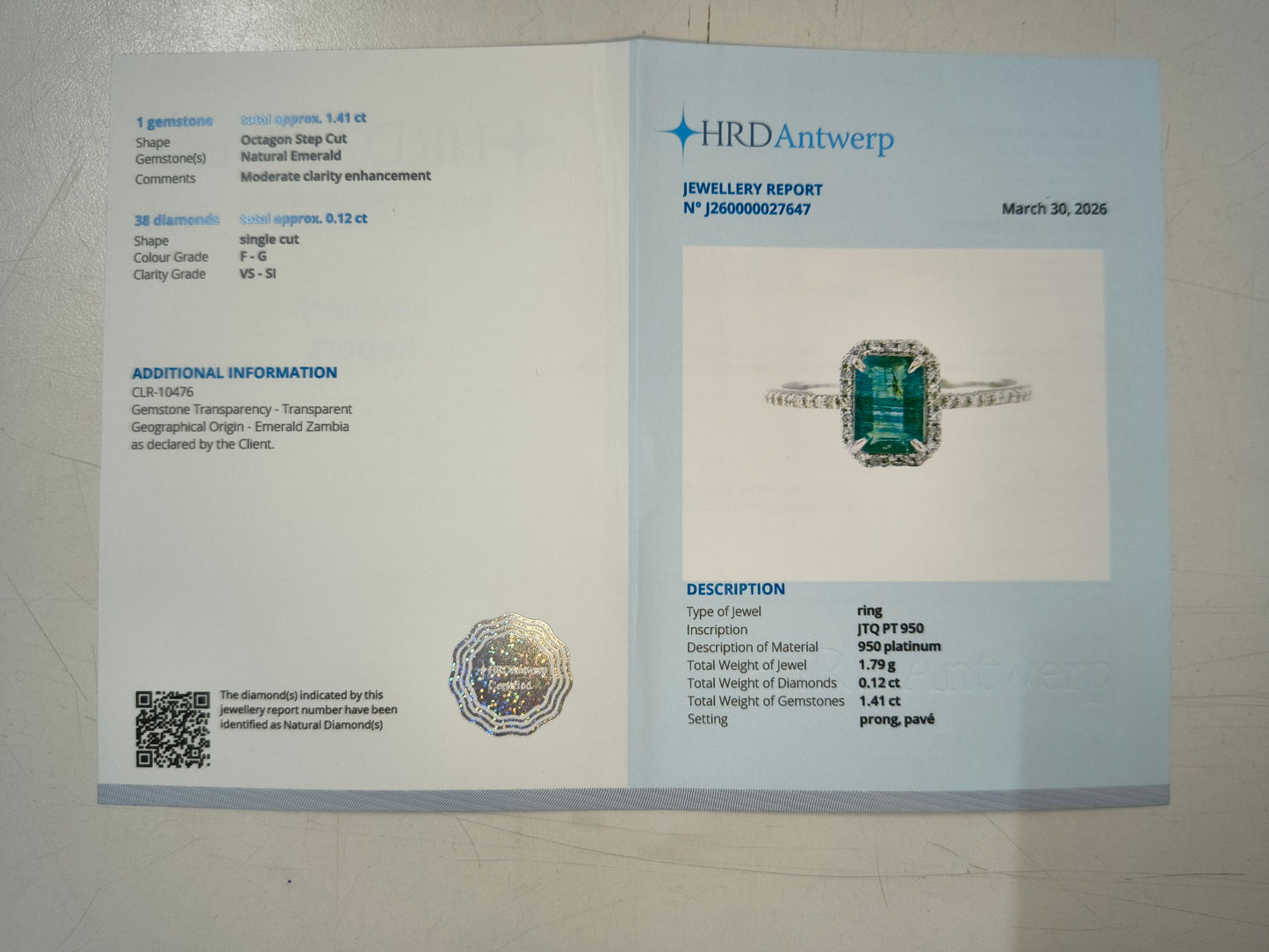 1.53 Ct Octagon Step Cut Natural Emerald 950 Platinum Ring