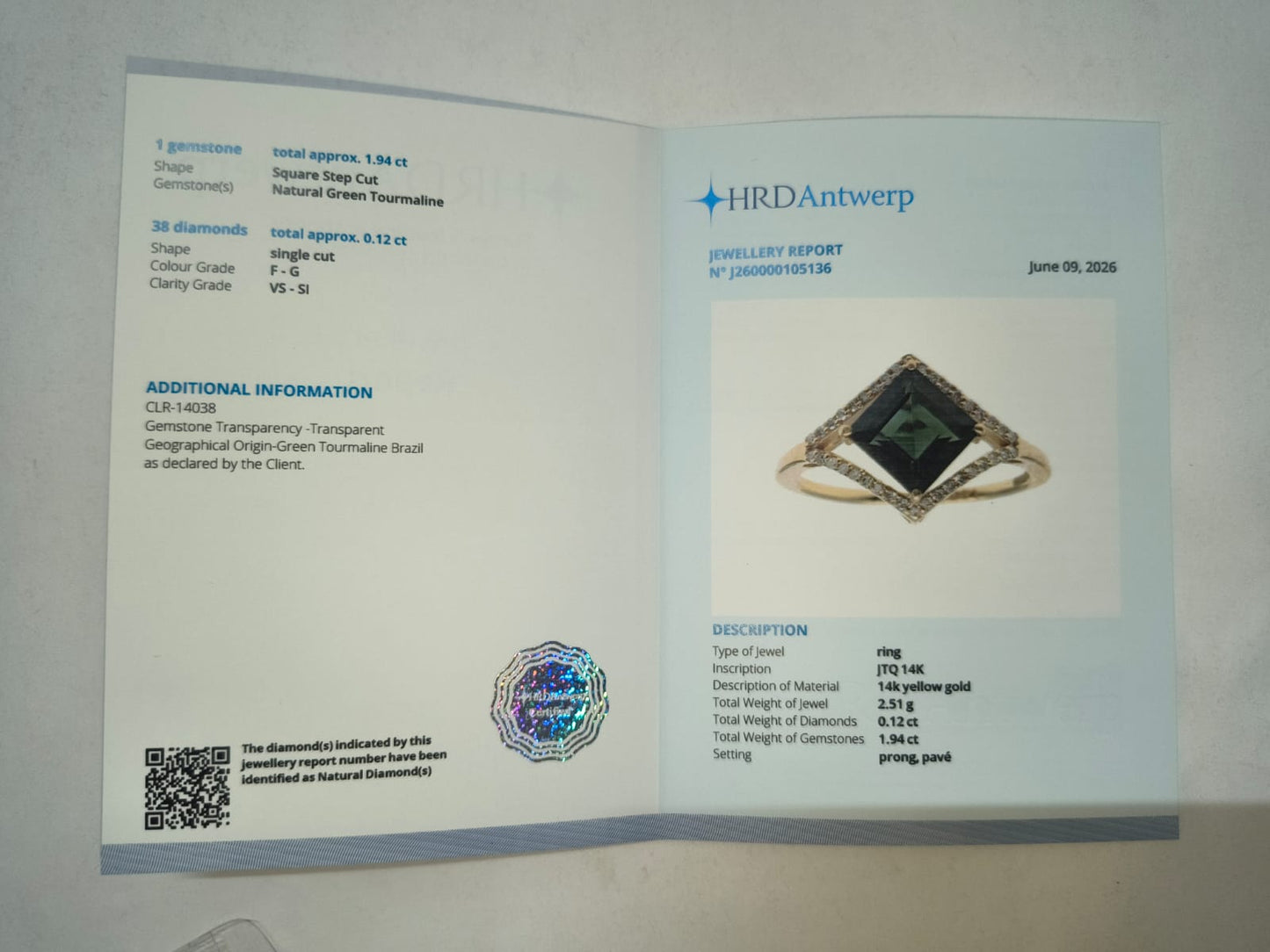 2.06 Ct Square Step Cut Natural Green Tourmaline 14K Gold Ring