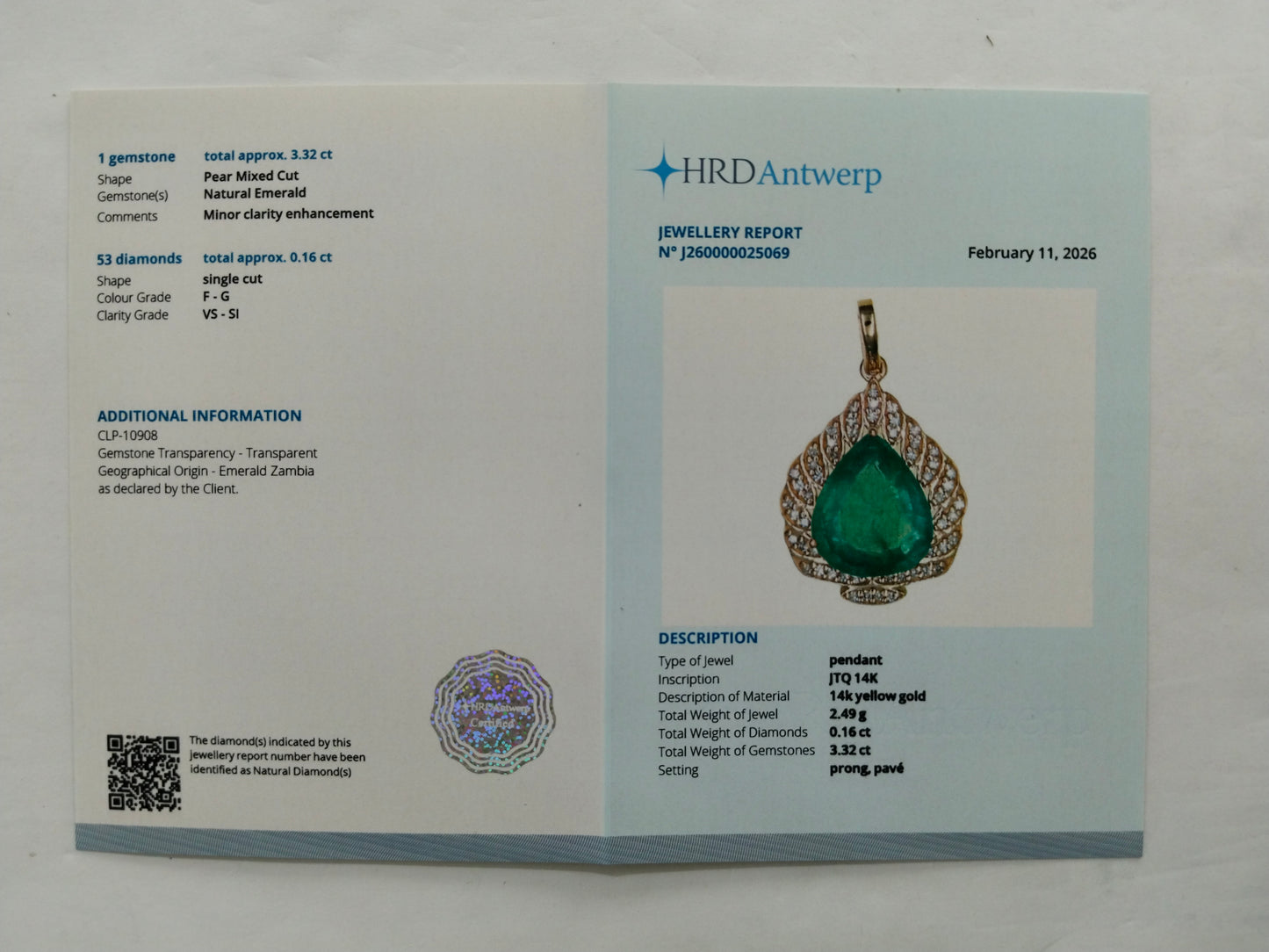 3.48 Ct Pear Mixed Cut Natural Emerald 14K Gold Pendant