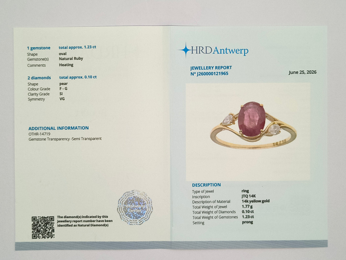 1.33 Ct Oval Natural Ruby 14K Gold Ring
