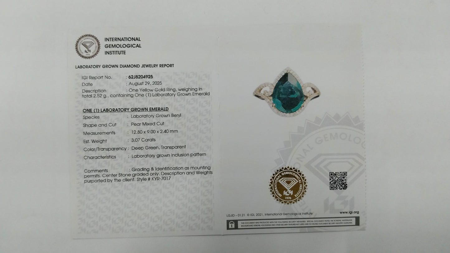 3.30 Ct Pear Mixed Cut Lab Grown Emerald 14K Gold Ring