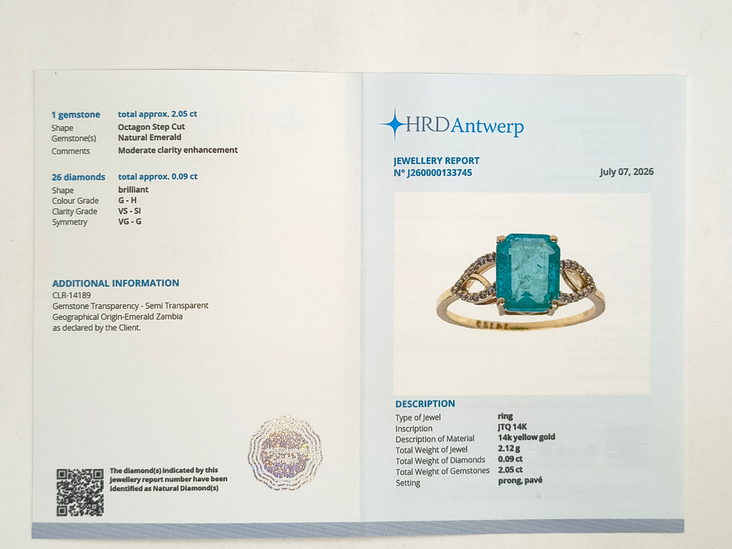 2.14 Ct Octagon Step Cut Natural Emerald 14K Gold Ring