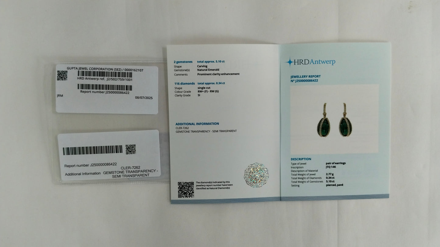 5.44 Ct Drop Carving Natural Emerald 14K Gold Earrings