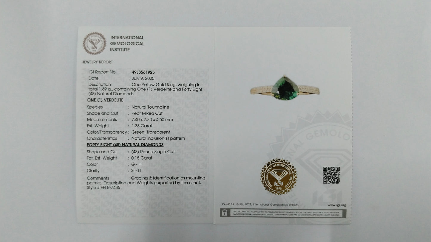 1.53 Ct Pear Mixed Cut Natural Tourmaline 14K Gold Ring