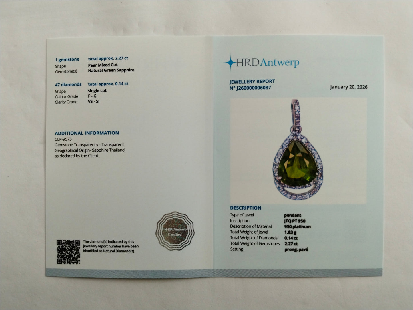 2.41 Ct Pear Mixed Cut Natural Green Sapphire 950 Platinum Pendant