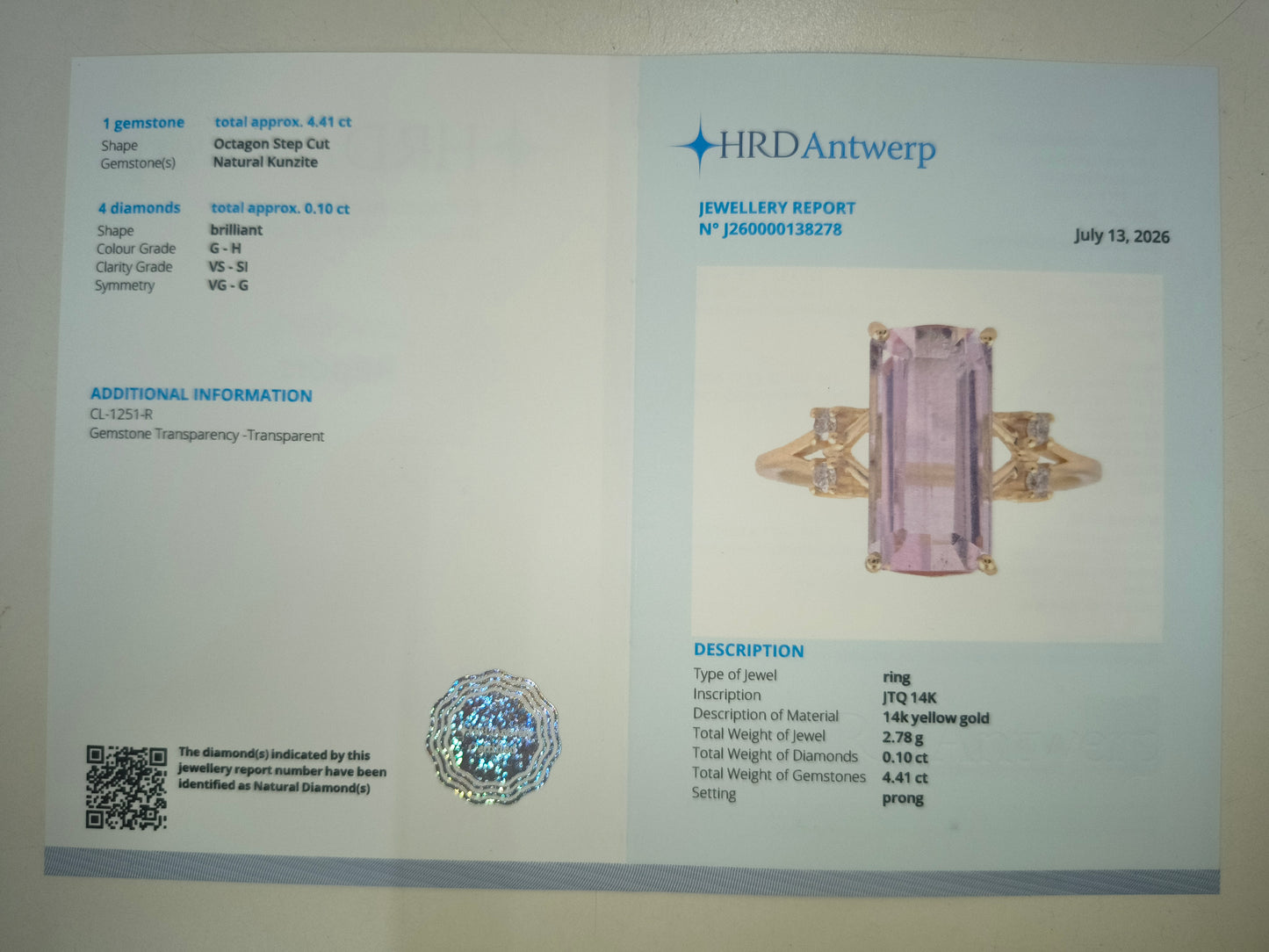 4.51 Ct Octagon Step Cut Natural Kunzite 14K Gold Ring