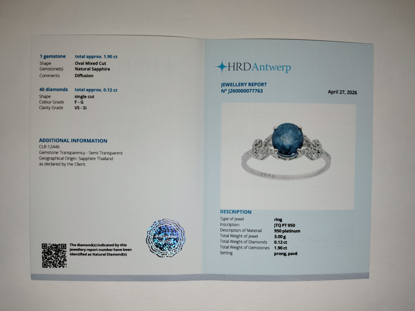 2.02 Ct Oval Mixed Cut Natural Sapphire 950 Platinum Ring