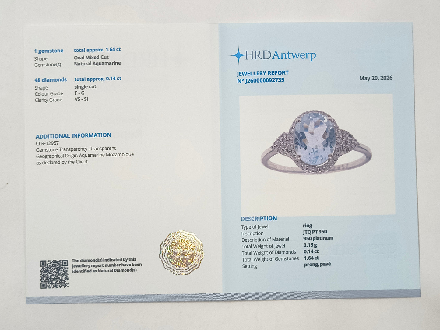 1.78 Ct Oval Aquamarine 950 Platinum Ring