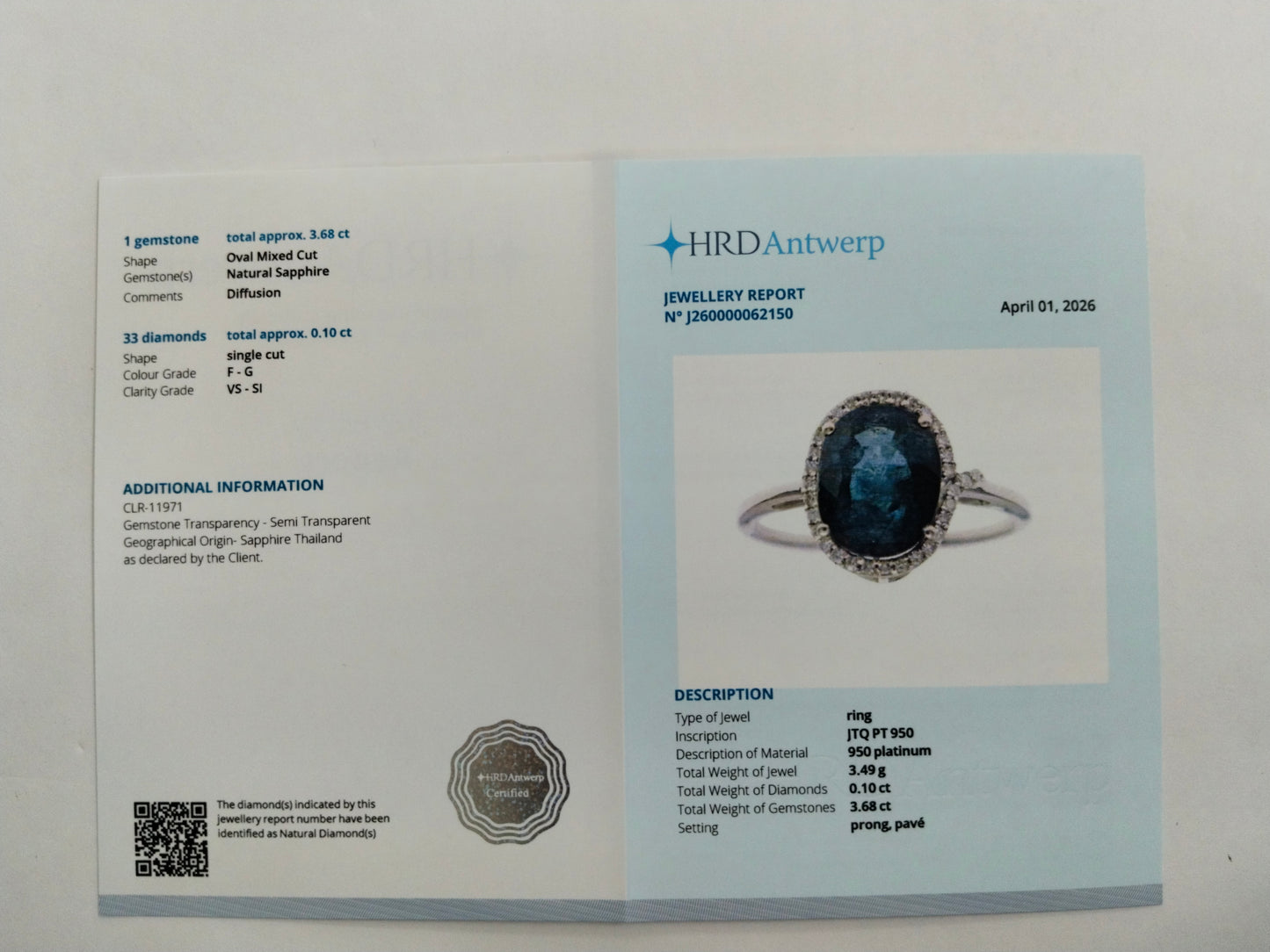 3.78 Ct Oval Mixed Cut Natural Sapphire 950 Platinum Ring