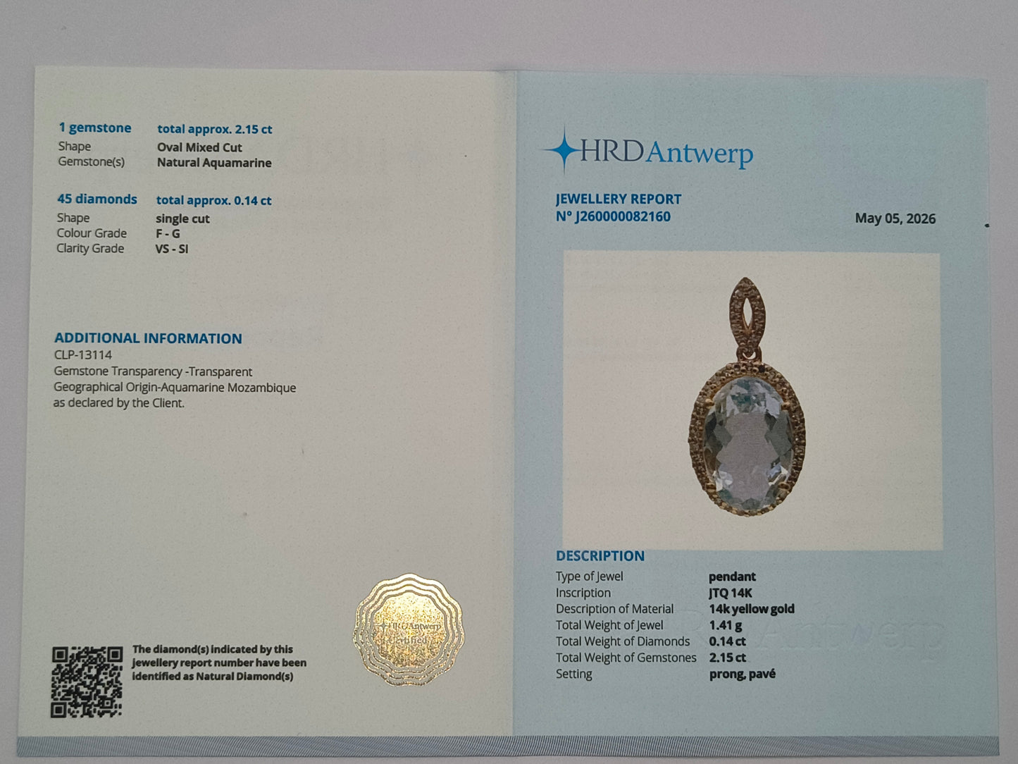 2.29 Ct Oval Mixed Cut Natural Aquamarine 14K Gold Pendant