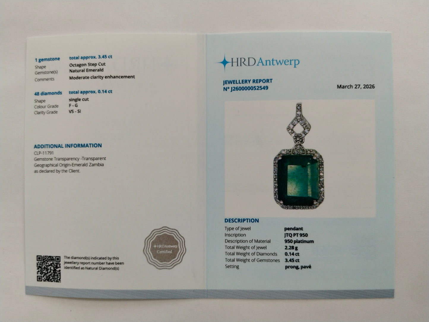 3.59 Ct Octagon Step Cut Natural Emerald 950 Platinum Pendant