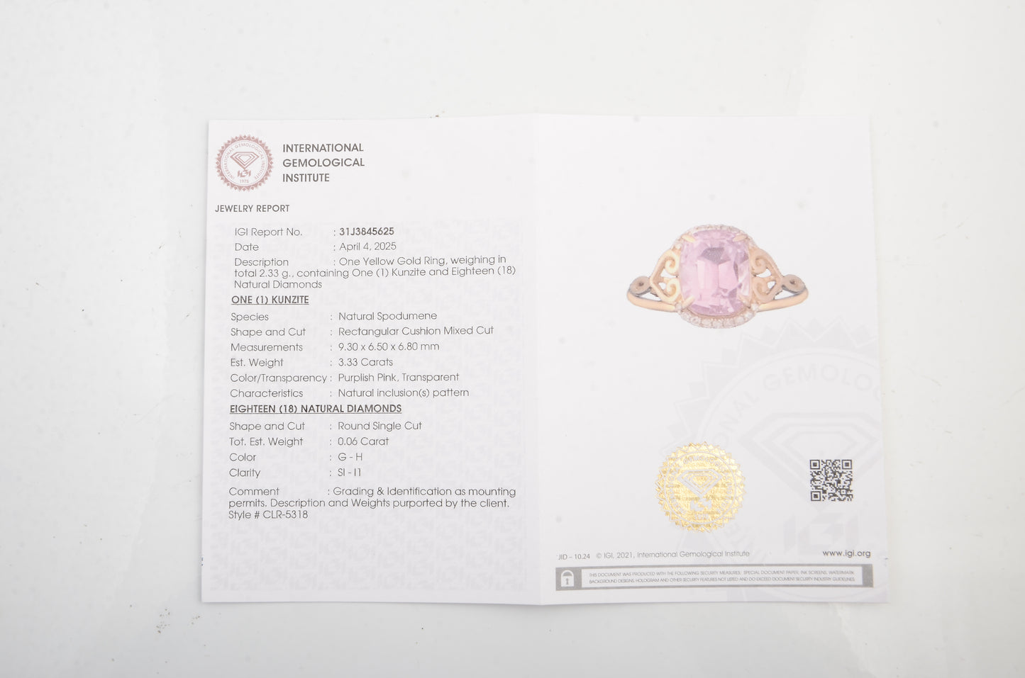 3.39 Ct Natural Spodumene Kunzite 14K Gold Ring