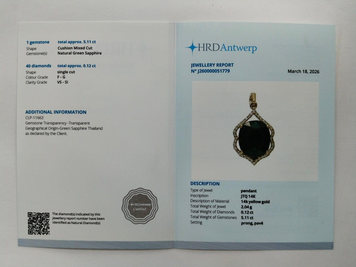 5.23 Ct Cushion Mixed Cut Natural Green Sapphire 14K Gold Pendant